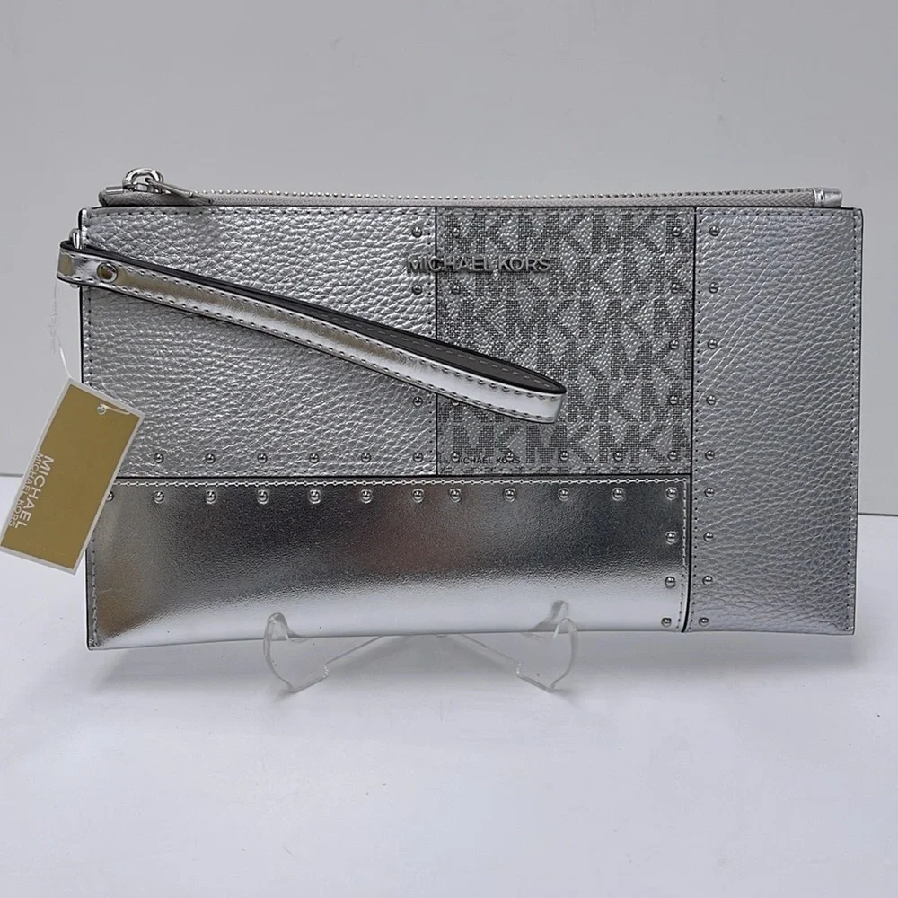 Michael Kors Jet ST Lg TZ Studded Metallic Patchwork and Signature Logo Wristlet